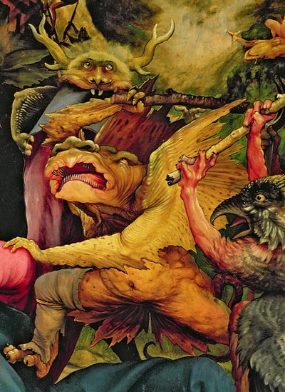 Demonen Gewapend met Stokken, detail van de achterkant van het Isenheim Altaarstuk door Matthias Grünewald
